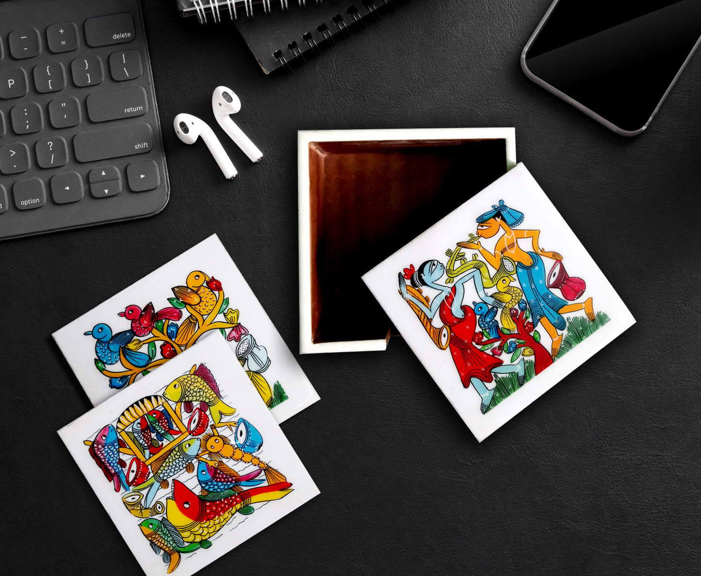 THE BIRD COLOURFUL PATACHITRA ART COASTER SET OF 4 MADE OF WOOD-White