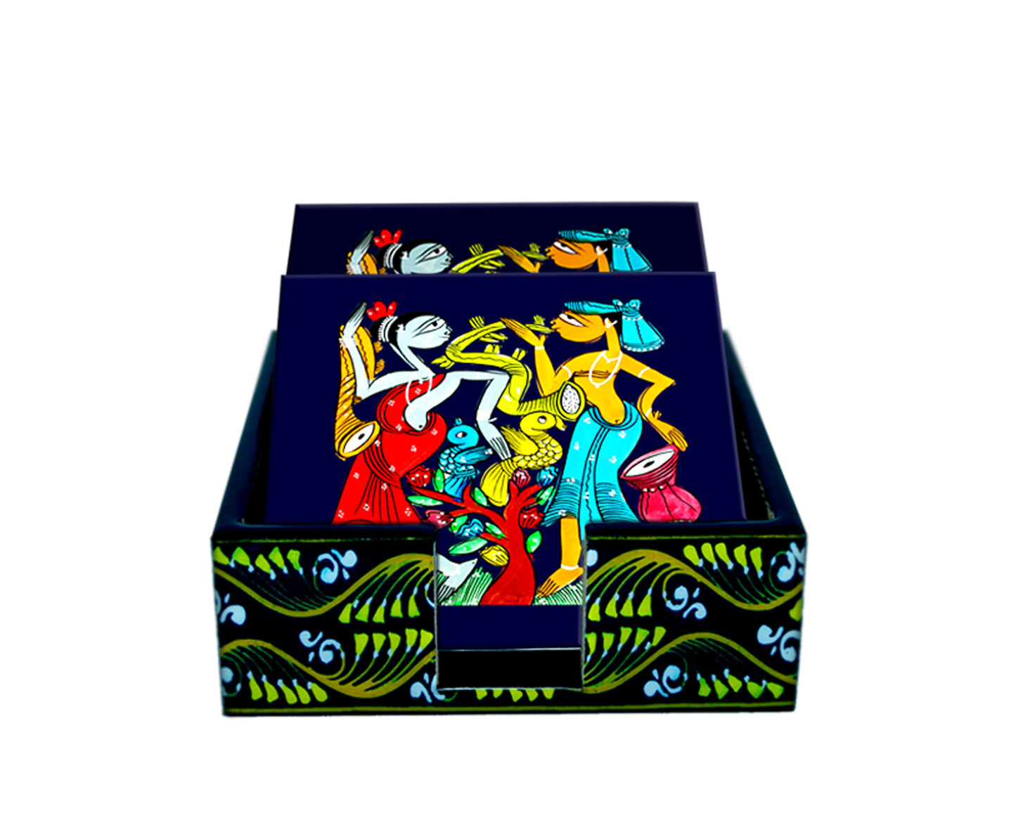 TRIBAL COUPLE COLOURFUL PATACHITRA ART COASTER SET OF MADE OF WOOD-Blue