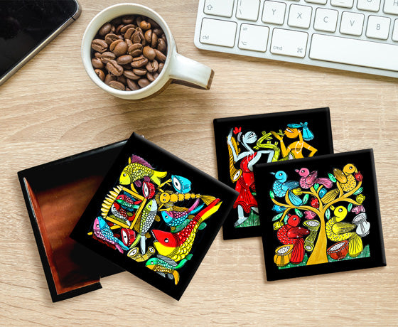 THE BIRD COLOURFUL PATACHITRA ART COASTER SET MADE OF WOOD-Black