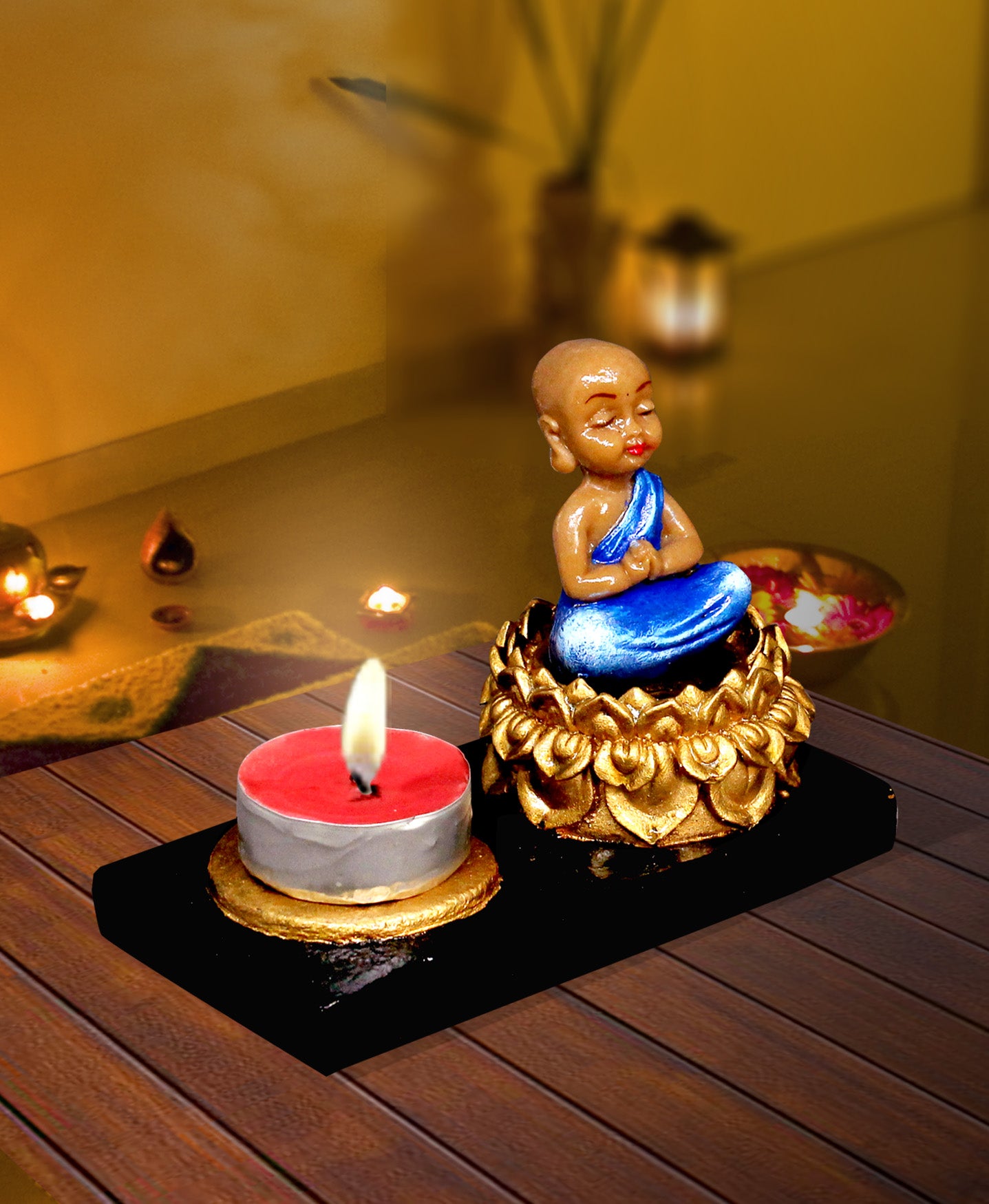 CANDLE HOLDER PRAYING LITTLE BUDDHA - NATURAL COLOUR SINGLE PIECE