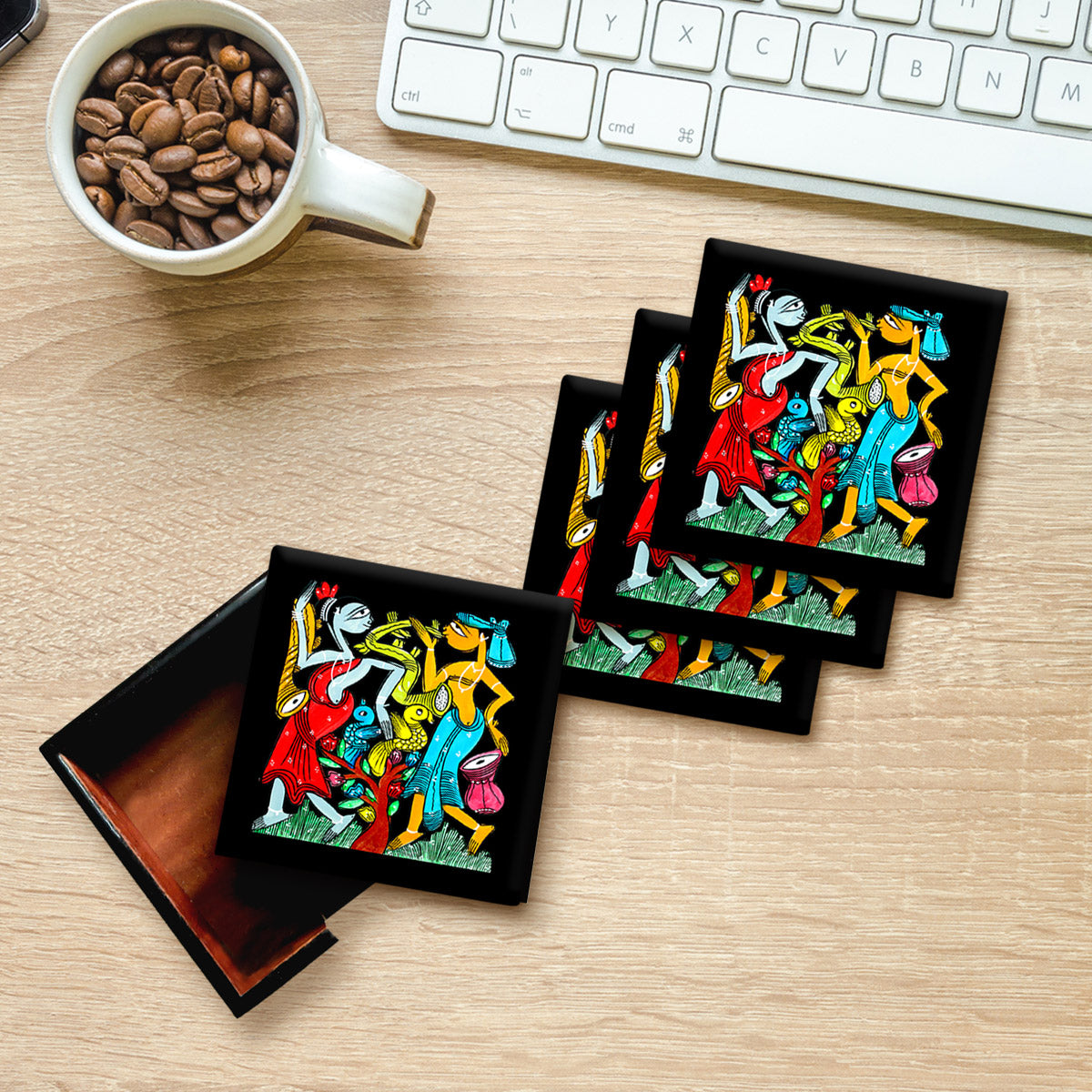 TRIBAL COUPLE" COLOURFUL PATACHITRA ART COASTER SET OF 4 MADE OF WOOD-Black