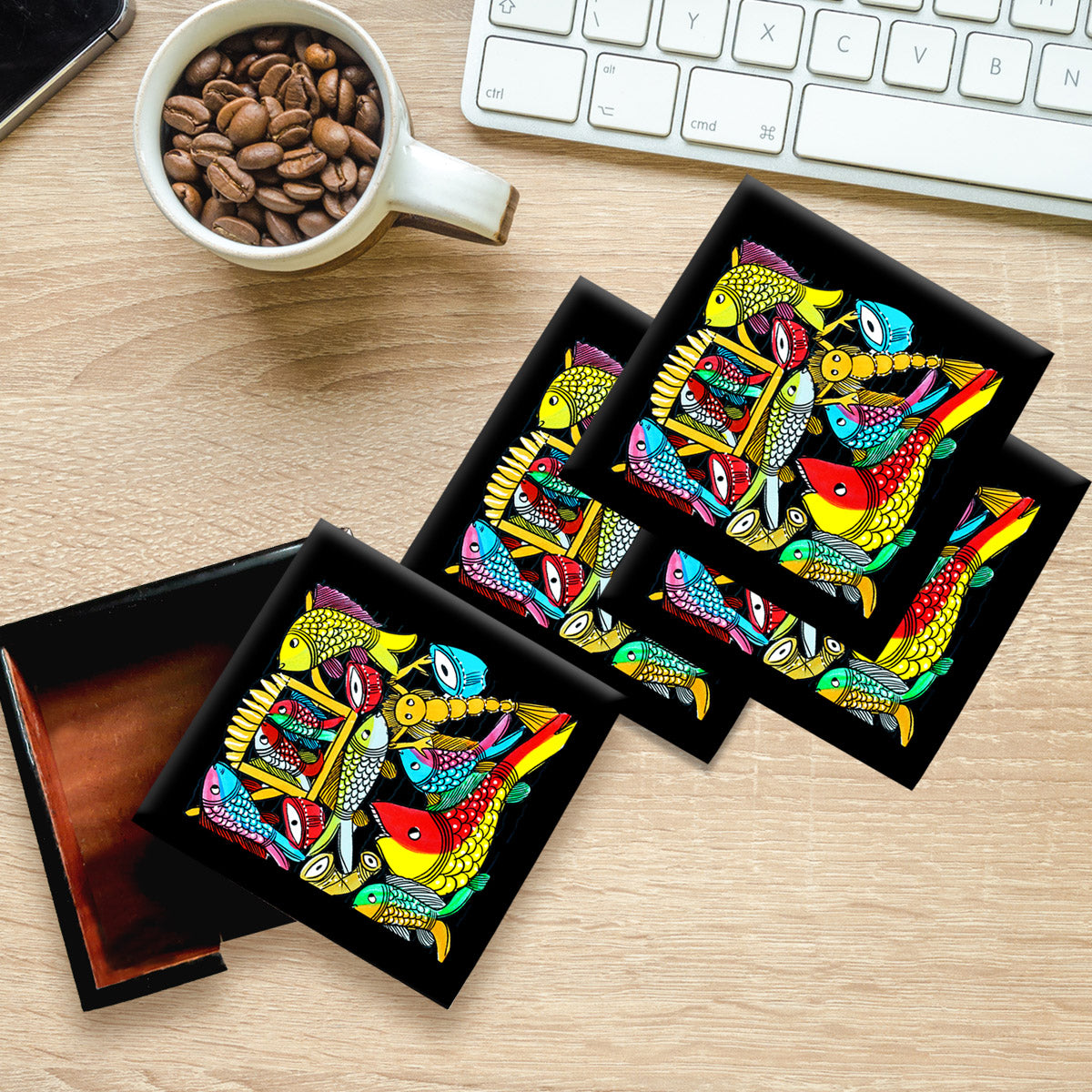 THE FISH STORY COLOURFUL PATACHITRA ART COASTER SET MADE OF WOOD-Black