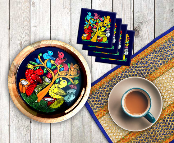 THE BIRD" COLOURFUL PATACHITRA ART COASTER SET OF MADE OF WOOD-Blue