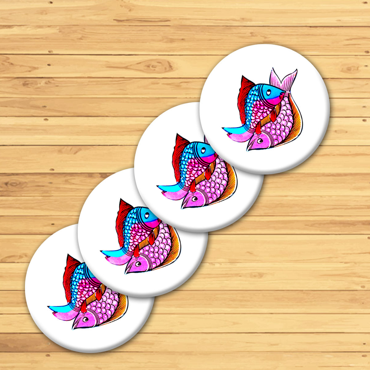 FISH N FISH" ROUND COLOURFUL PATACHITRA ART COASTER SET OF 4 - MADE OF WOOD-White