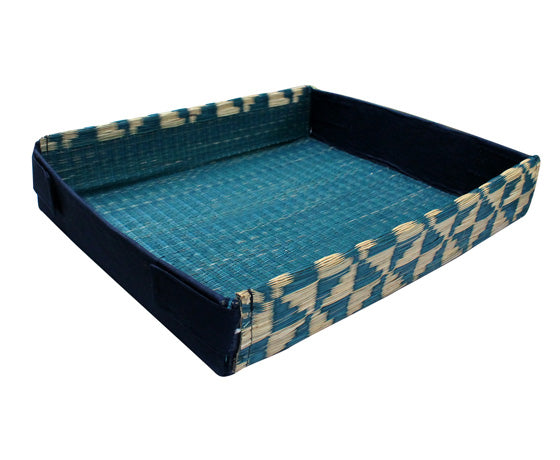 NATURAL BRIGHT BLUE WHITE BIG TRAY MADE OF MADURKATHI / REED / RIVER GRASS