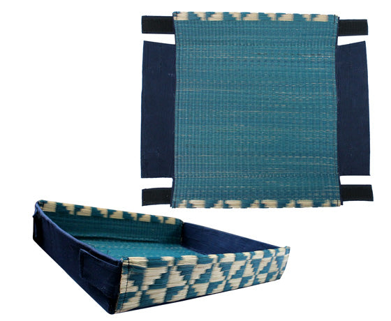 NATURAL BRIGHT BLUE WHITE BIG TRAY MADE OF MADURKATHI / REED / RIVER GRASS