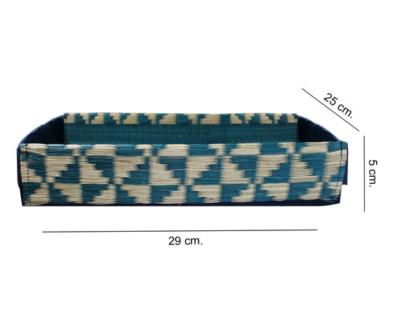 NATURAL BRIGHT BLUE WHITE BIG TRAY MADE OF MADURKATHI / REED / RIVER GRASS