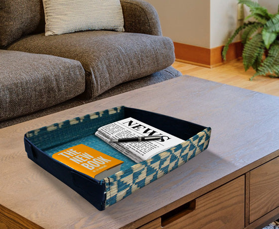NATURAL BRIGHT BLUE WHITE BIG TRAY MADE OF MADURKATHI / REED / RIVER GRASS