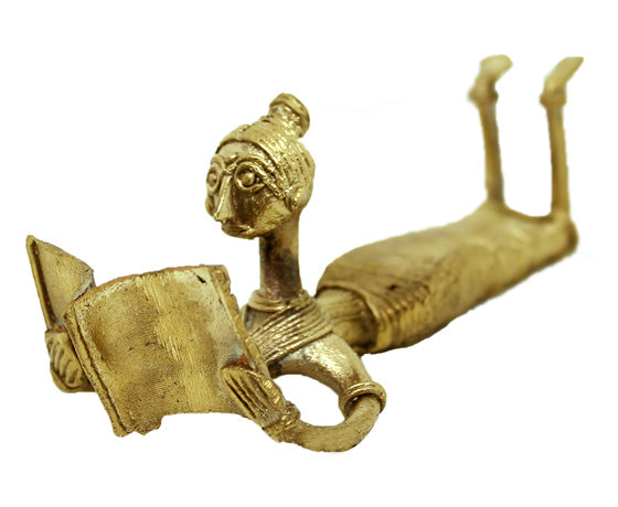 HANDMADE DOKRA BRASS LADY READING BOOK - TRADITIONAL TRIBAL ART SHOWPIECE