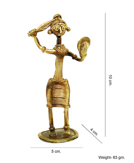 HANDMADE DOKRA BRASS TRIBAL LADY HOLDING MIRROR -TRIBAL ART SHOWPIECE