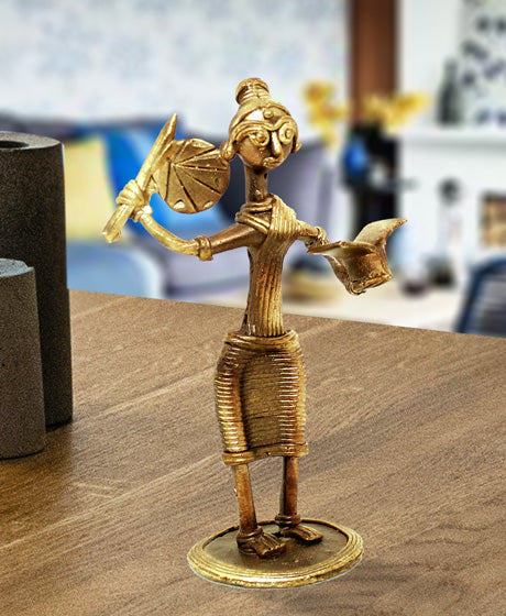 HANDMADE DOKRA BRASS TRIBAL LADY FIGURE READING BOOK -SHOWPIECE