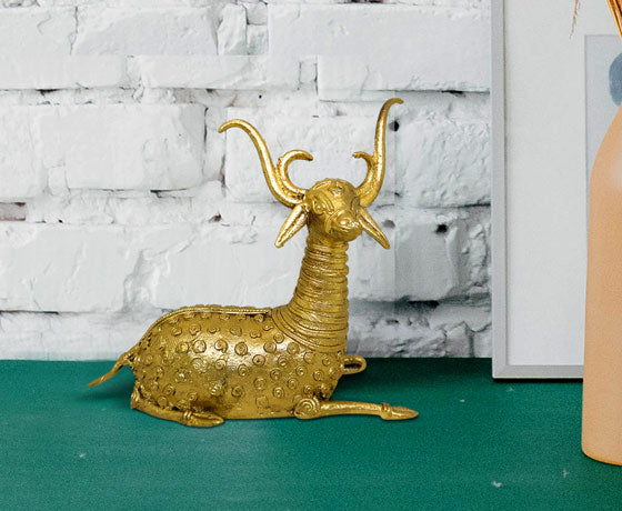 BIG HANDMADE DOKRA BRASS SITTING DEER - TRADITIONAL TRIBAL ART SHOWPIECE