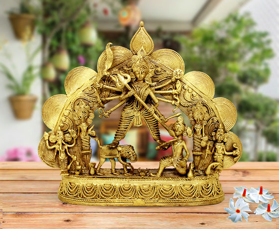 DOKRA MA DURGA WITH HER CHILDREN - TRADITIONAL TRIBAL ART SHOWPIECE