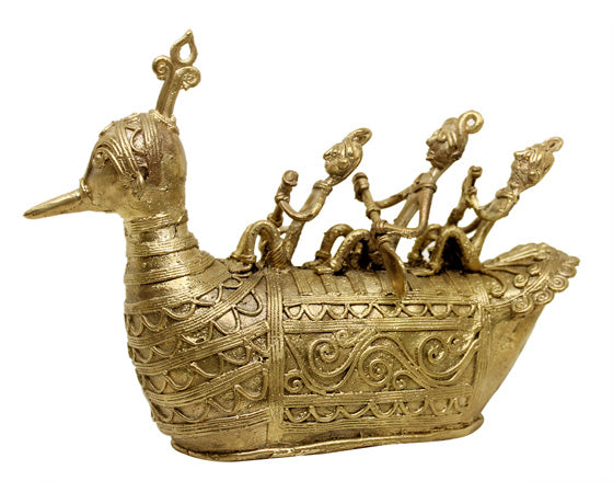 HANDMADE DOKRA BRASS BOAT ROWING - TRADITIONAL TRIBAL ART SHOWPIECE