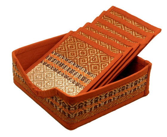 6 SET OF NATURAL ORANGE BROWN WHITE COASTERS MADE OF MADURKATHI / REED / RIVER GRASS