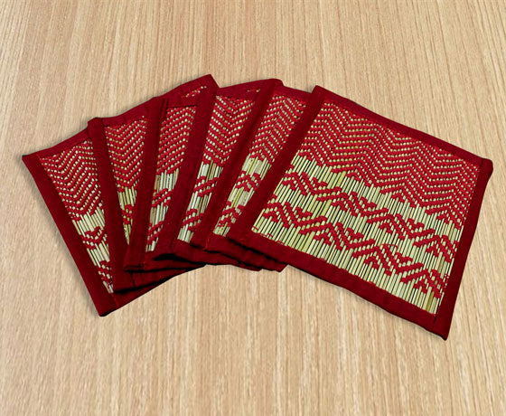 74196 SET OF NATURAL RED COASTERS MADE OF MADURKATHI / REED / RIVER GRASS