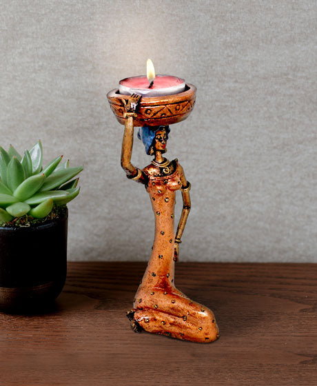 VILLAGE LADY CANDLE STAND COPPER COLORED SINGLE PIECE WITH COMPLIMENTARY CANDLE