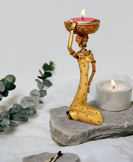VILLAGE LADY CANDLE STAND GOLDEN SINGLE PIECE WITH COMPLIMENTARY CANDLE