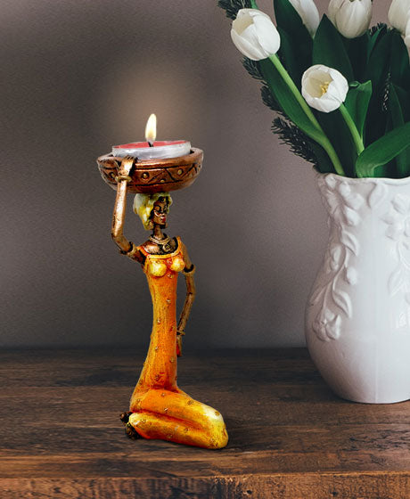 VILLAGE LADY CANDLE STAND ORANGE SINGLE PIECE WITH COMPLIMENTARY CANDLE