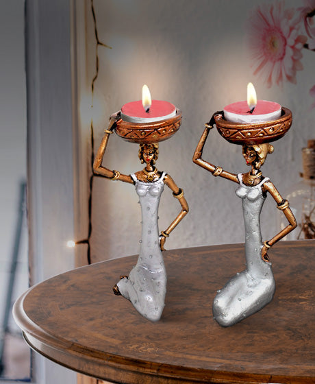 VILLAGE LADY CANDLE STAND SILVER SINGLE PIECE WITH COMPLIMENTARY CANDLE
