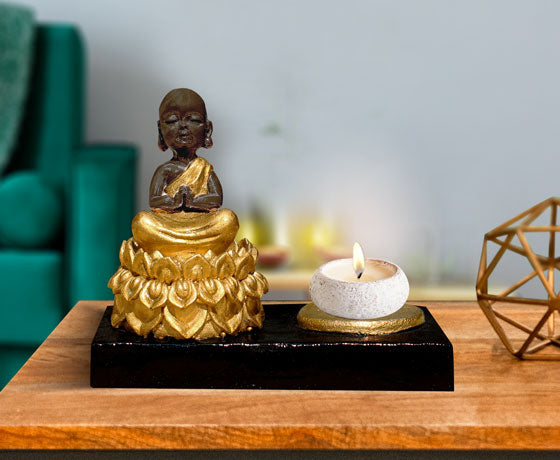 CANDLE HOLDER PRAYING LITTLE BUDDHA - BLACK