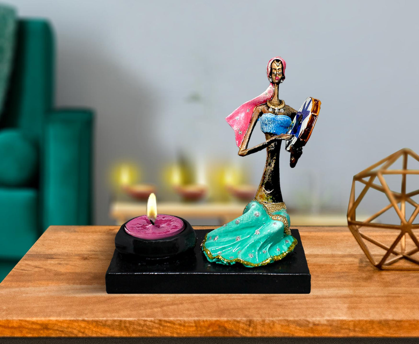 CANDLE HOLDER MUSICIAN LADY WITH TAMBOURINE IN HAND - SINGLE PIECE