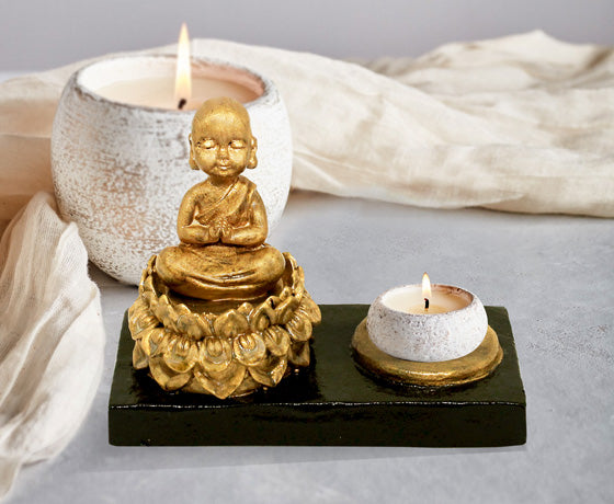 CANDLE HOLDER PRAYING LITTLE BUDDHA - GOLDEN