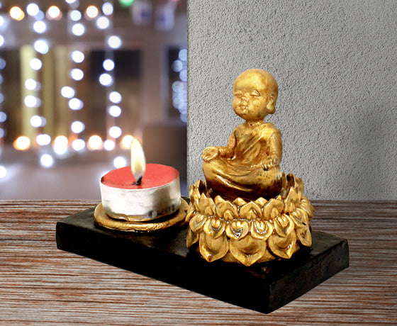 CANDLE HOLDER MEDITATING LITTLE BUDDHA - GOLDEN