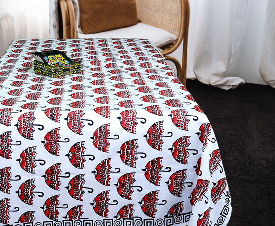 RED & BLACK UMBRELLA MOTIF HAND BLOCK PRINTED COTTON TABLE COVER