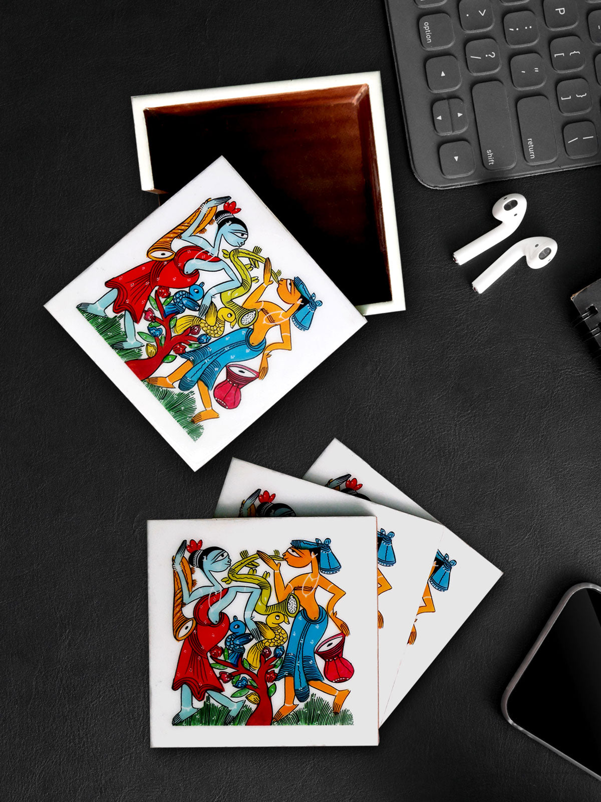 TRIBAL COUPLE COLOURFUL PATACHITRA ART COASTER SET OF 4 MADE OF WOOD-White