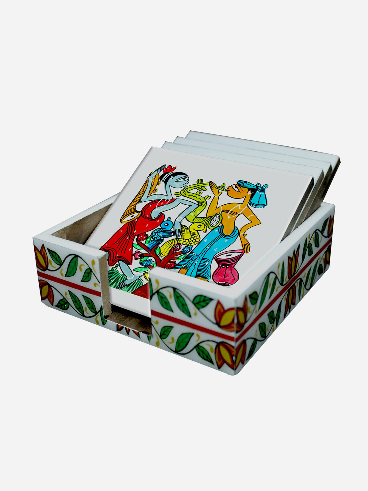 TRIBAL COUPLE COLOURFUL PATACHITRA ART COASTER SET OF 4 MADE OF WOOD-White