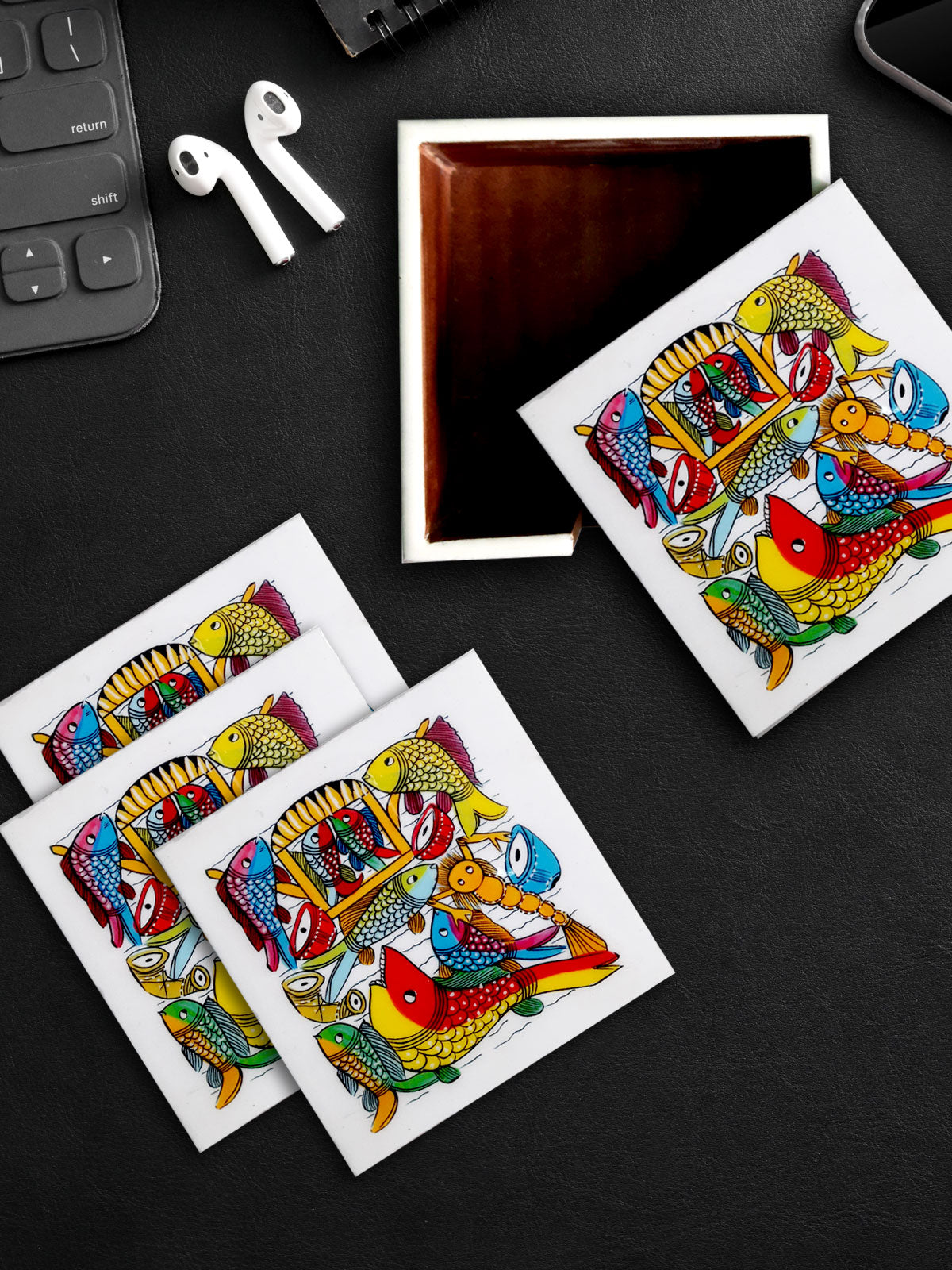 THE FISH STORY COLOURFUL PATACHITRA ART COASTER SET MADE OF WOOD-White