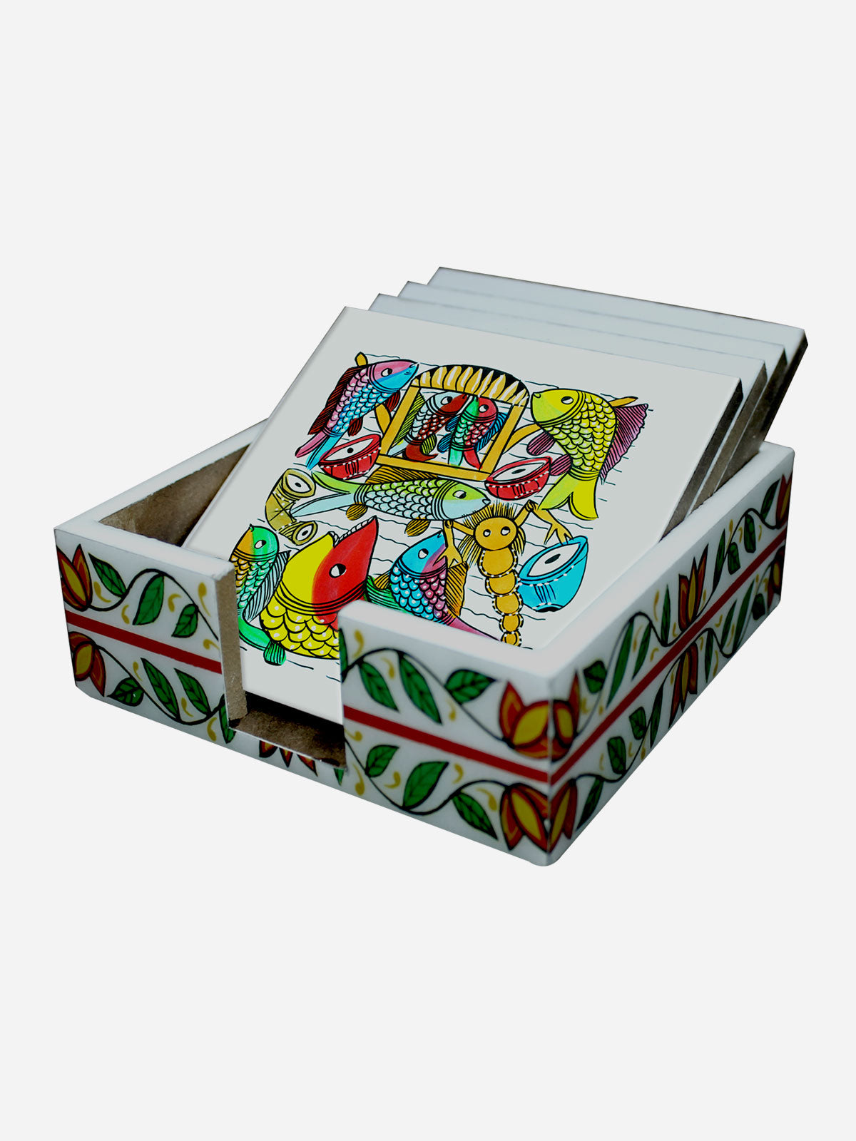 THE FISH STORY COLOURFUL PATACHITRA ART COASTER SET MADE OF WOOD-White