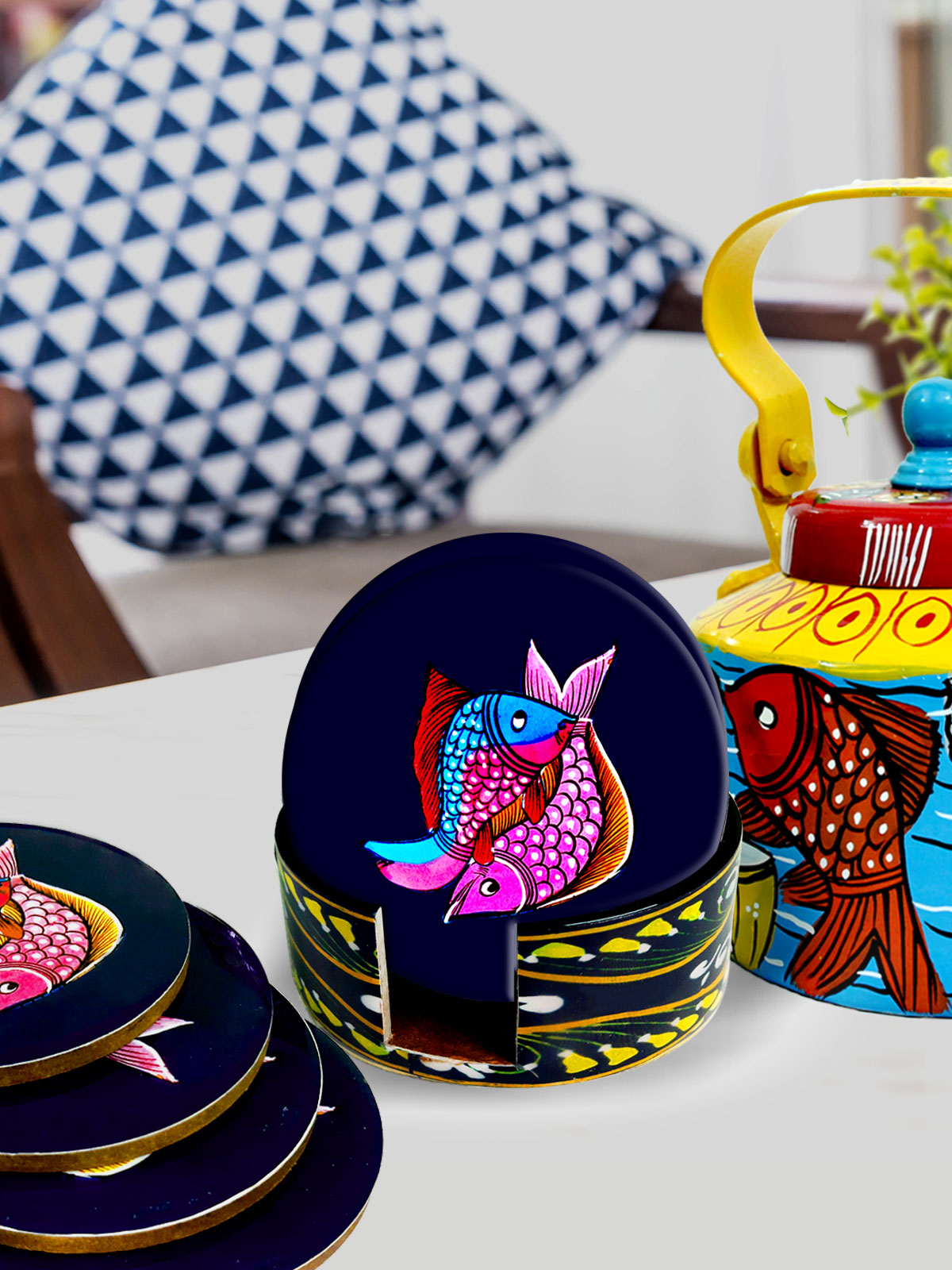 FISH N FISH ROUND COLOURFUL PATACHITRA ART COASTER SET OF 4 - MADE OF WOOD