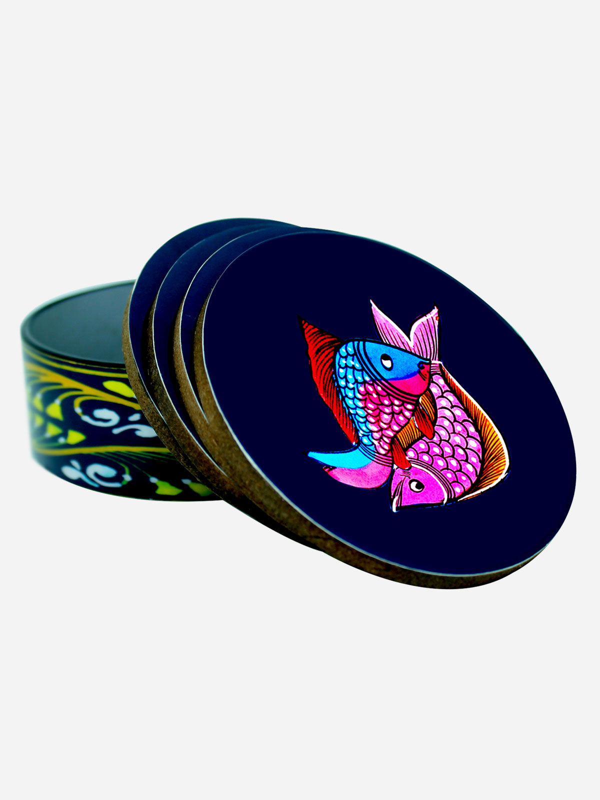 FISH N FISH ROUND COLOURFUL PATACHITRA ART COASTER SET OF 4 - MADE OF WOOD