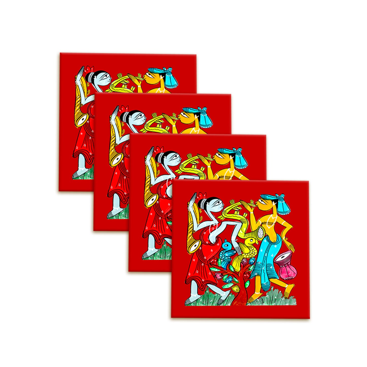 TRIBAL COUPLE" COLOURFUL PATACHITRA ART COASTER SET OF 4 MADE OF WOOD-Red