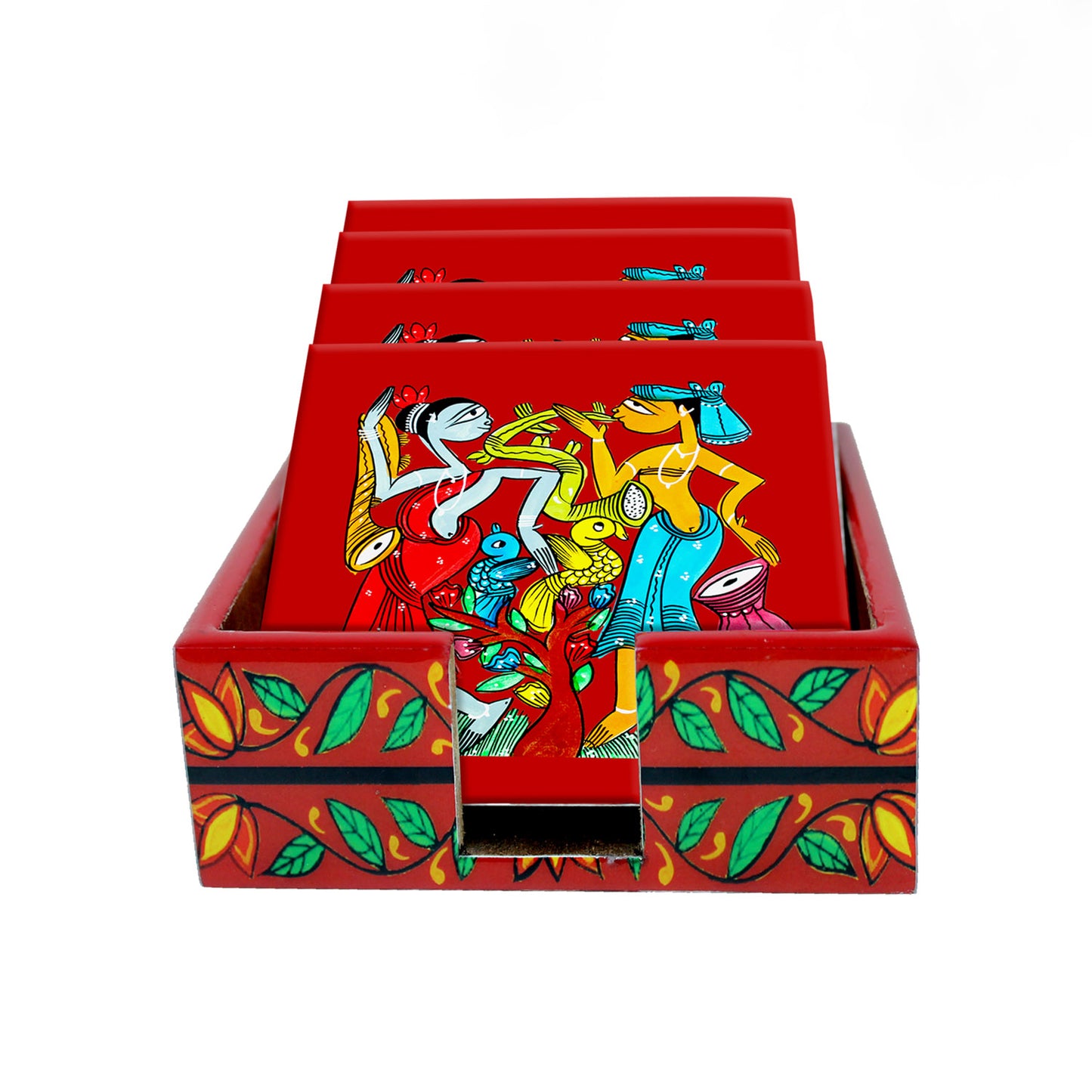 TRIBAL COUPLE" COLOURFUL PATACHITRA ART COASTER SET OF 4 MADE OF WOOD-Red