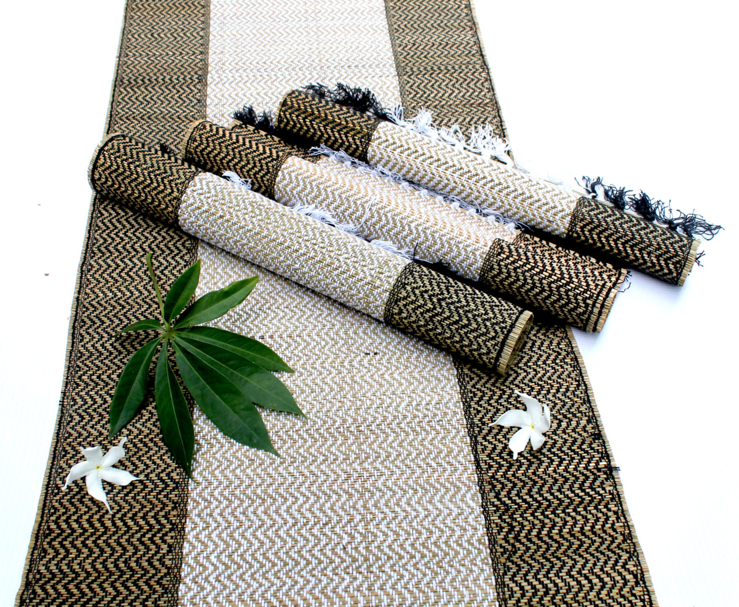 NATURAL HANDMADE WHITE AND BLACK STRIPE TABLE MAT & RUNNER MADE OF MADURKATHI / REED / RIVER GRASS