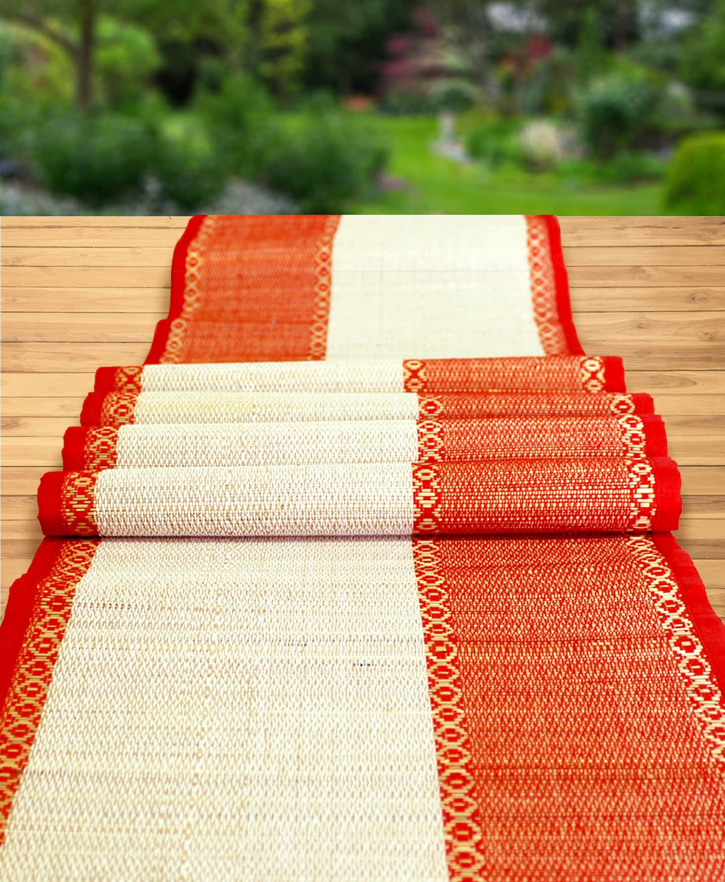 NATURAL HANDMADE RED STRIPE TABLE MAT & RUNNER MADE OF MADURKATHI / REED / RIVER GRASS