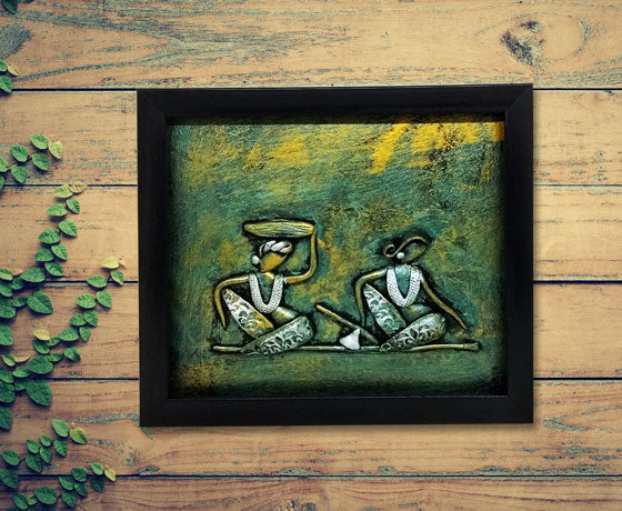 TRIBAL COUPLE HANDMADE WALL FRAME WITH METALLIC FINISH- GREEN