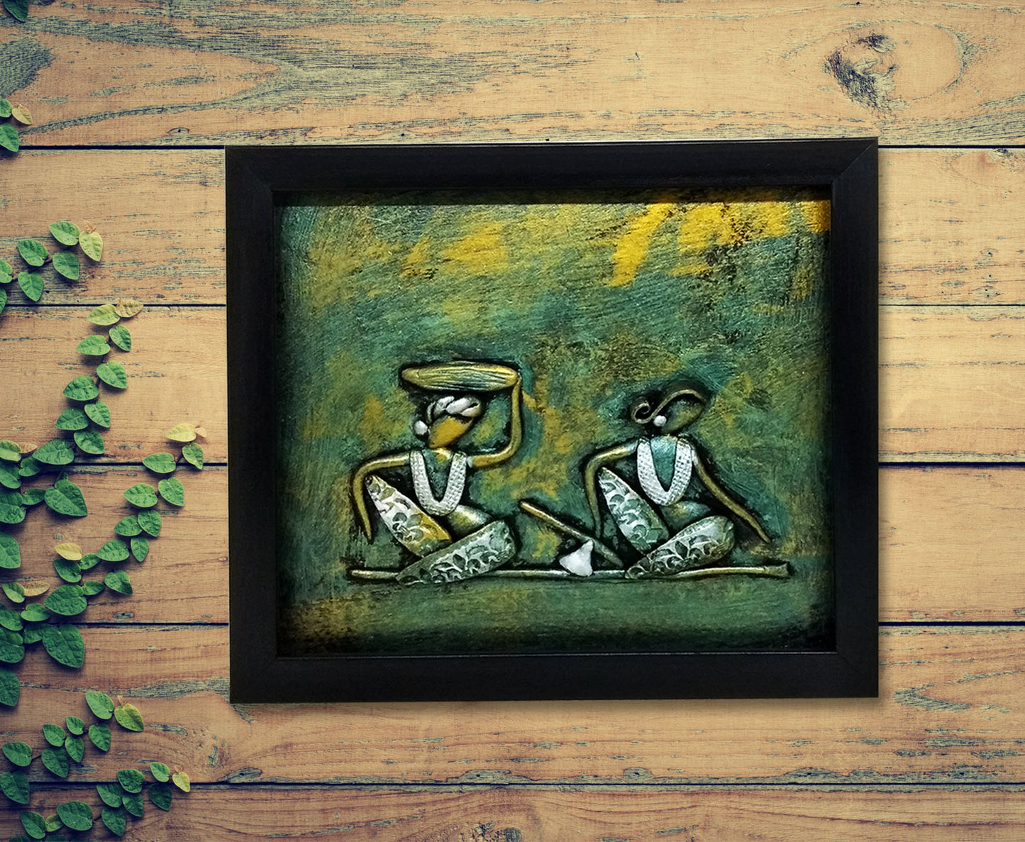 TRIBAL COUPLE HANDMADE WALL FRAME WITH METALLIC FINISH- GREEN