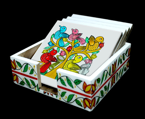 THE BIRD COLOURFUL PATACHITRA ART COASTER SET OF 4 MADE OF WOOD-White