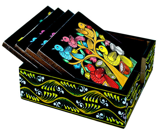 THE BIRD COLOURFUL PATACHITRA ART COASTER SET MADE OF WOOD-Black