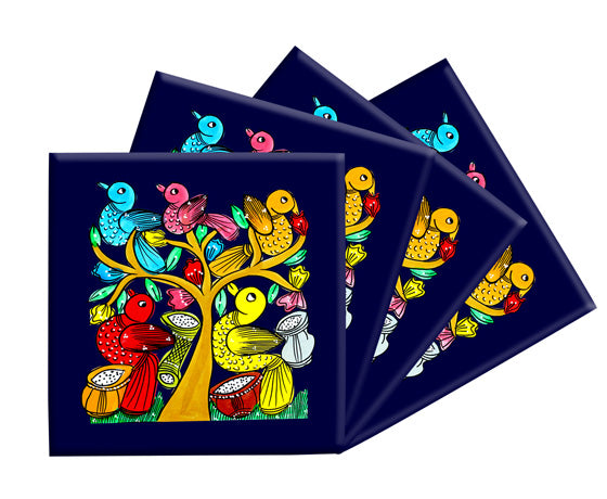 THE BIRD" COLOURFUL PATACHITRA ART COASTER SET OF MADE OF WOOD-Blue