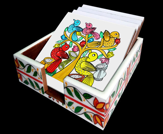 THE BIRD COLOURFUL PATACHITRA ART COASTER SET OF 4 MADE OF WOOD-White