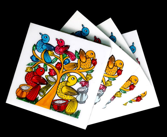 THE BIRD COLOURFUL PATACHITRA ART COASTER SET OF 4 MADE OF WOOD-White