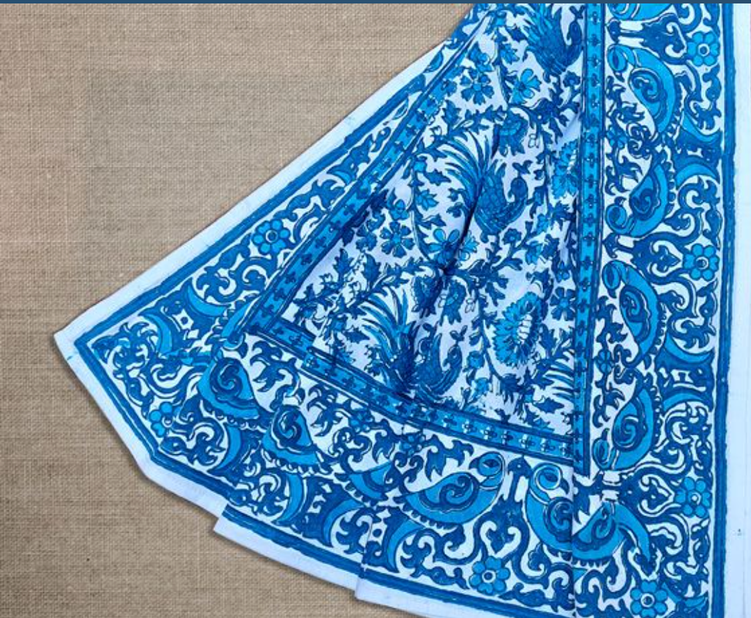 BEAUTIFUL BIRD AND FLOWER MOTIF HAND BLOCK PRINTED COTTON TABLE COVER-BLUE