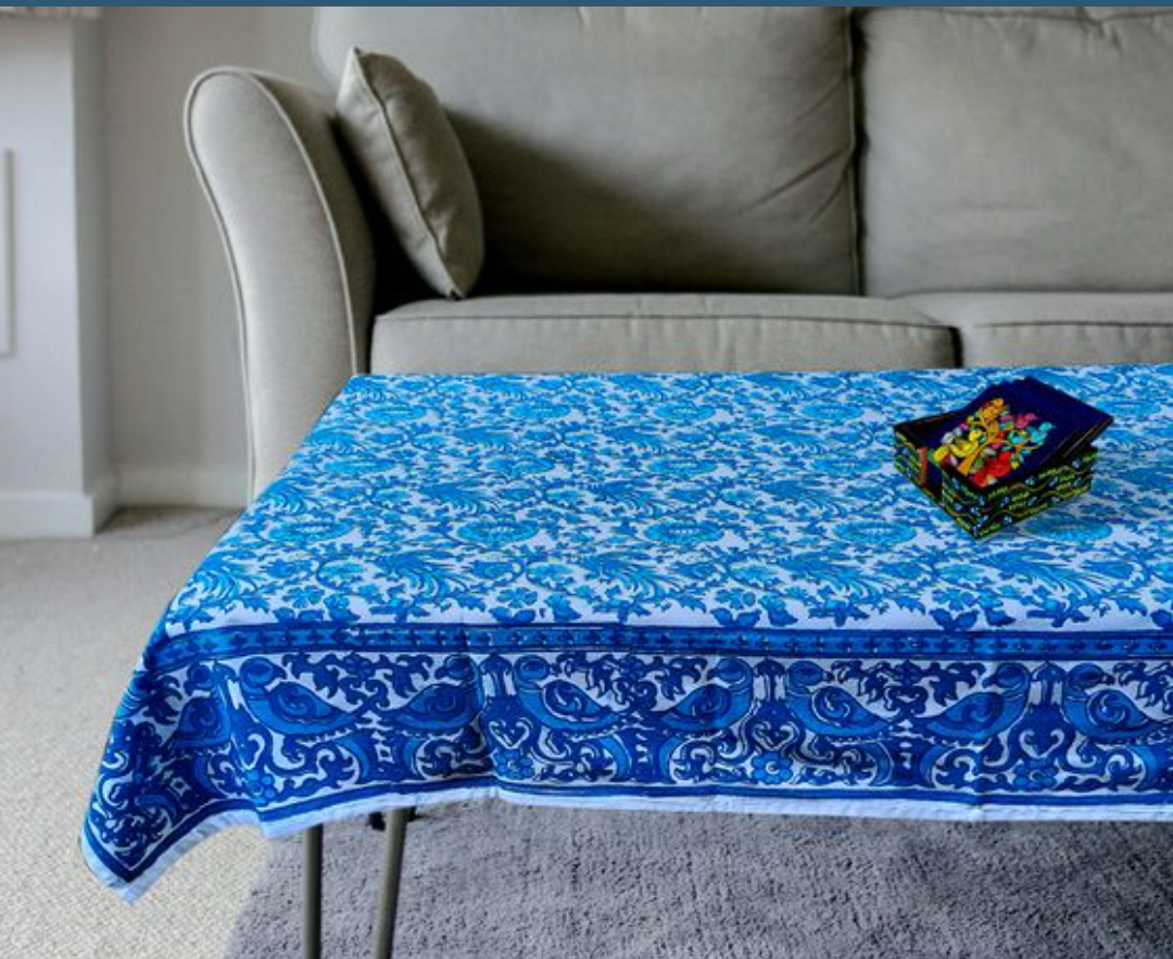 BEAUTIFUL BIRD AND FLOWER MOTIF HAND BLOCK PRINTED COTTON TABLE COVER-BLUE