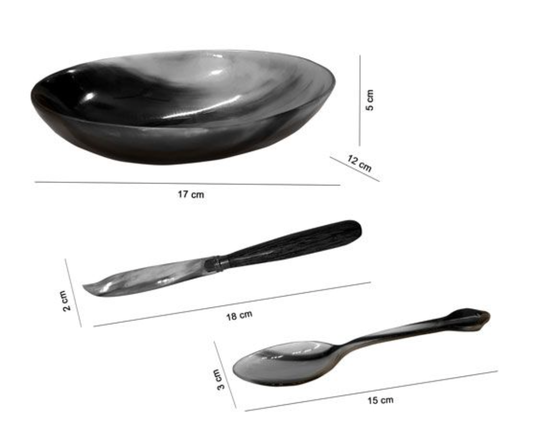 ATTRACTIVE HANDMADE HORNCRAFT CAKE SERVING SET - BOWL, KNIFE, SPOON