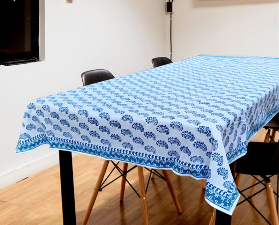 HAND BLOCK PRINTED BENGAL KOLKA MOTIF COTTON TABLE COVER - BLUE